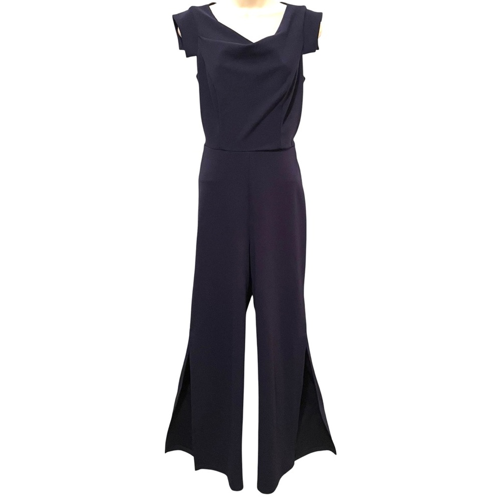 BEBE Cowl Neck Solid Jumpsuit in NAVY Blue Slits on Legs Classy zip Size 6